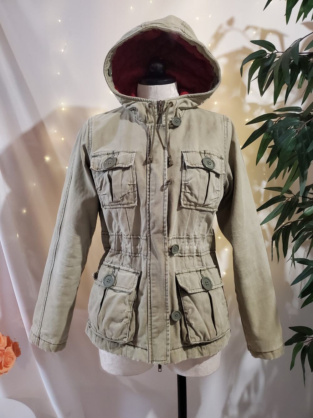 Vtg Abercrombie & Fitch Y2K Hooded Quilted Lining Utility Jacket Size M Pockets